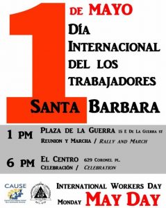 May Day Poster, International Workers Day, 1 pm Rally and March, 6 pm Celebration at El Centro 629 Coronel Place